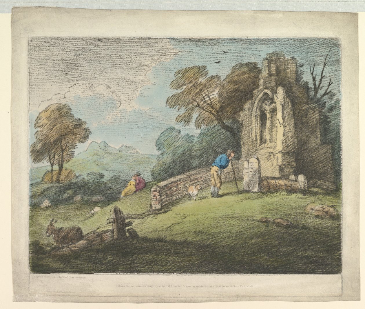 Paesaggio boscoso con contadino che legge una lapide, amanti rustici e chiesa in rovina da Thomas Gainsborough