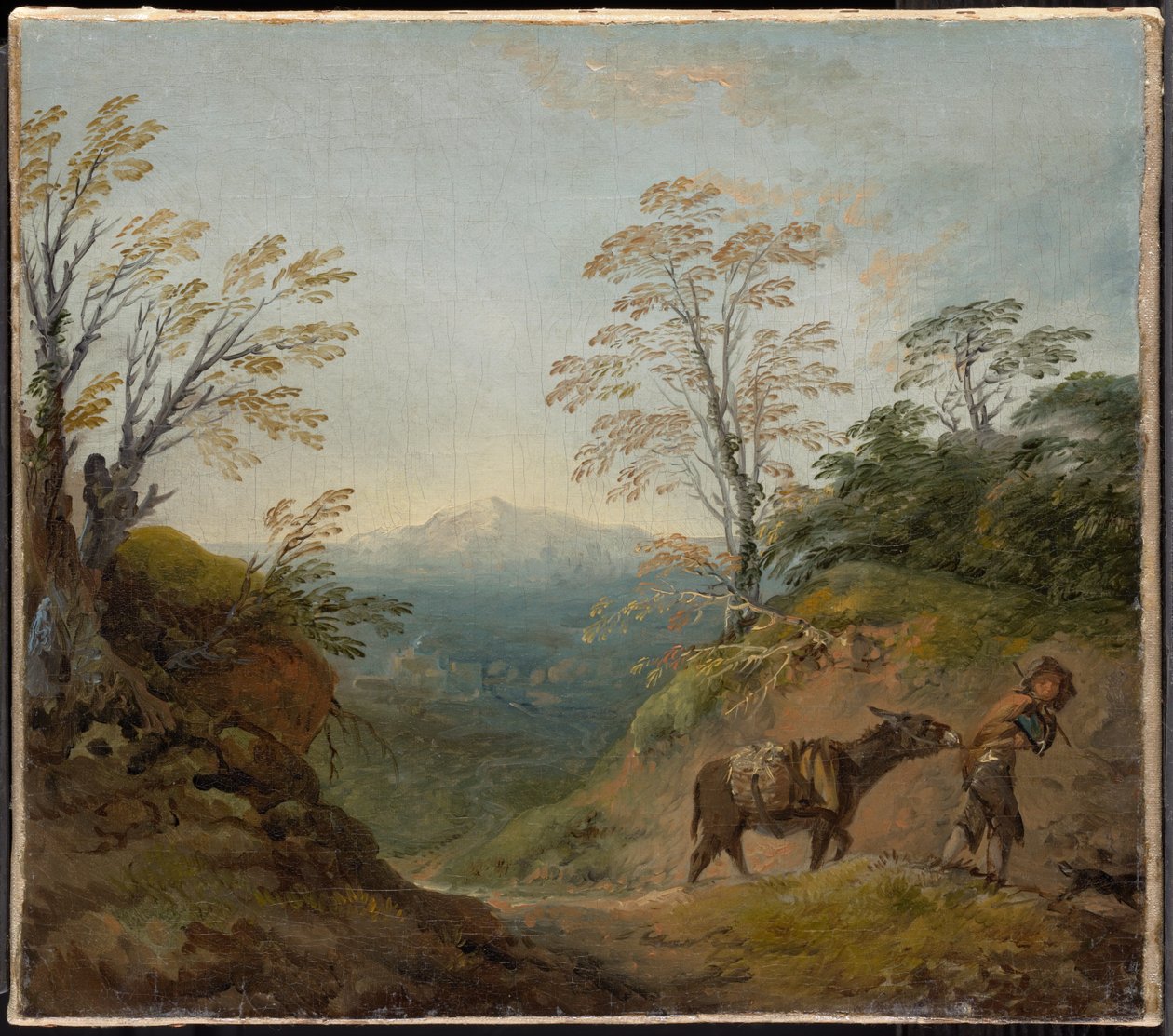 Paesaggio boscoso con un ragazzo che conduce un asino e un cane, e un vasto panorama con edifici e colline lontane da Thomas Gainsborough