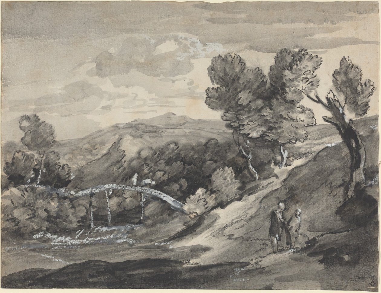 Paesaggio collinare boscoso con un ponte da Thomas Gainsborough