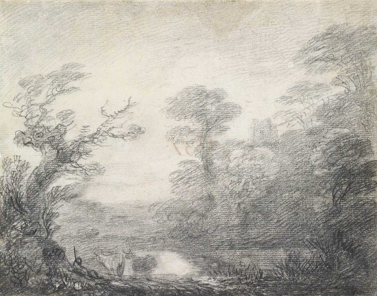 Paesaggio boscoso con mandriano, mucche e torre della chiesa da Thomas Gainsborough