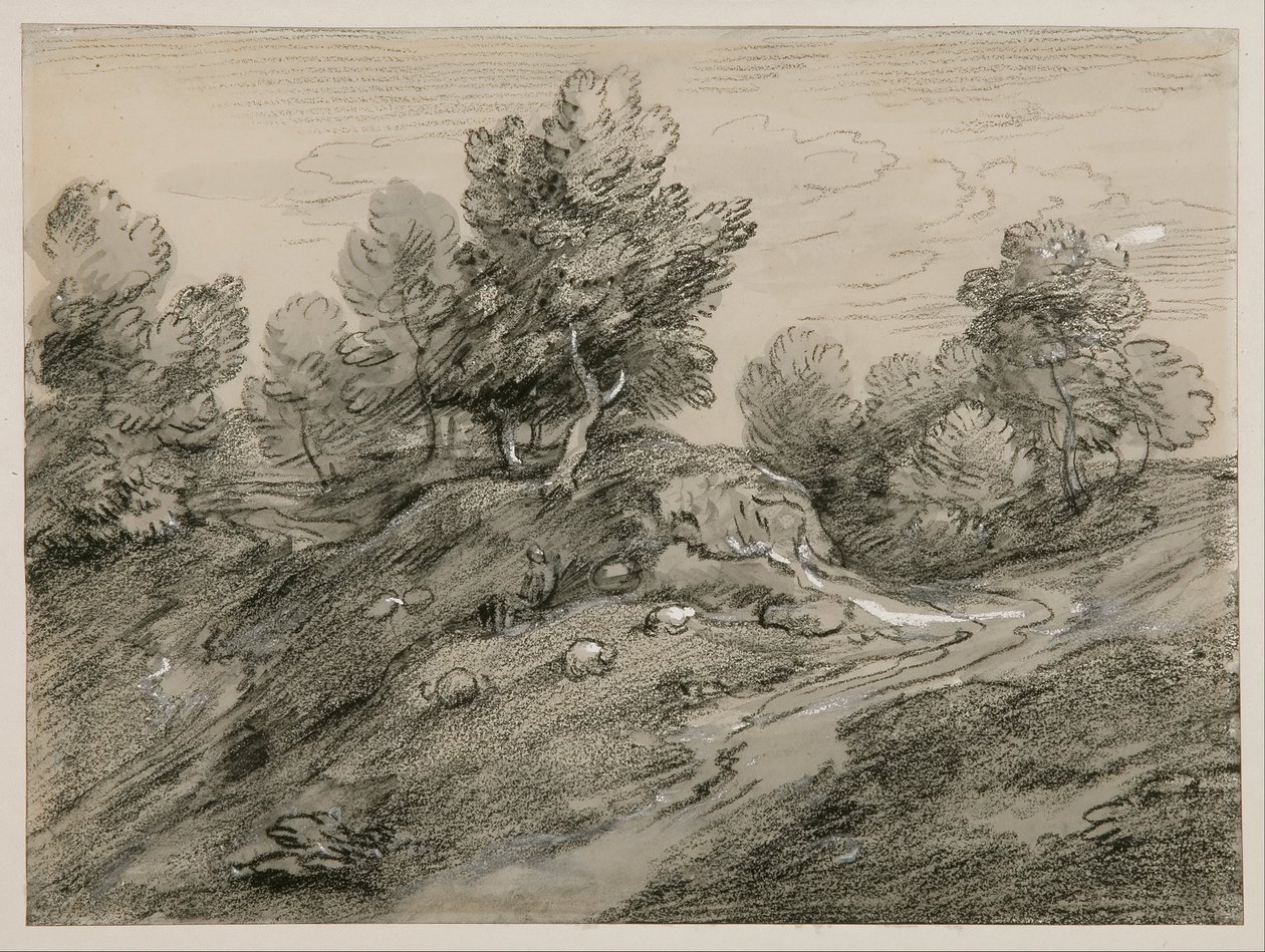 Paesaggio collinare boscoso con pastore, pecore e sentiero di campagna che si snoda attorno a una collina da Thomas Gainsborough