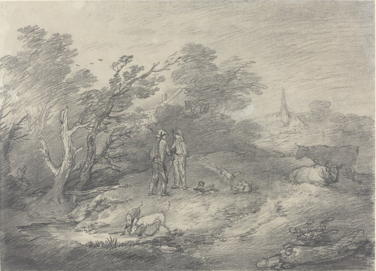 Boschi vicino a un villaggio con cacciatori di conigli e i loro levrieri da Thomas Gainsborough