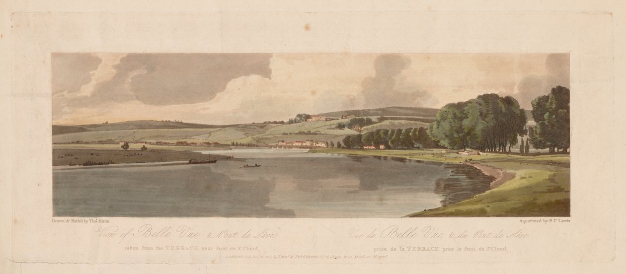 Una selezione di venti delle vedute più pittoresche di Parigi: Vista di Belle Vue e Pont de Sèvres vista dalla terrazza vicino al Pont de St. Cloud da Thomas Girtin