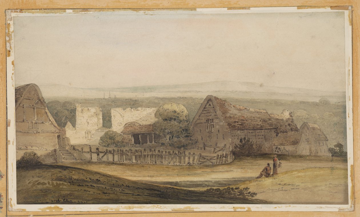 Un vasto edificio con fabbricati agricoli e ruderi di una chiesa da Thomas Girtin