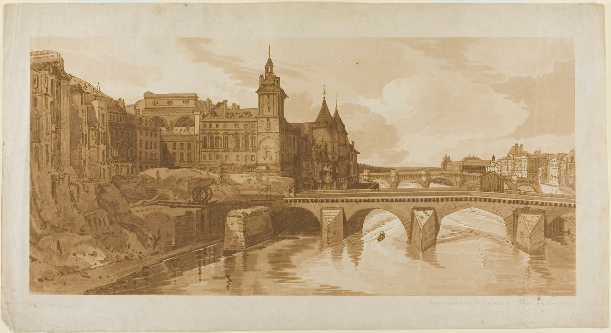 Veduta di Pont au Change, il Teatro della Città, Pont Neuf, la prigione della Conciergerie, ecc. presa da Pont Notre Dame, da Una selezione di venti delle vedute più pittoresche di Parigi da Thomas Girtin