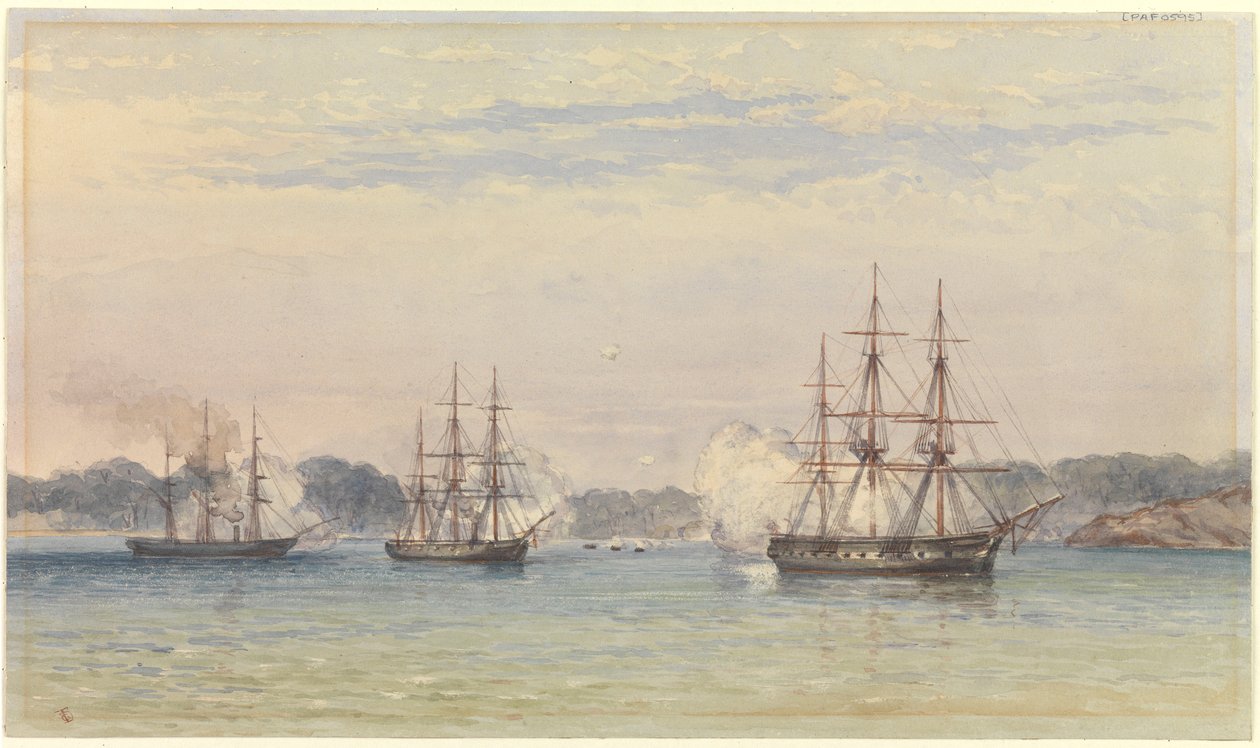 La Guerra della Cina 1857, tre navi di SM bombardano e le barche della nave a terra da Thomas Goldsworth Dutton