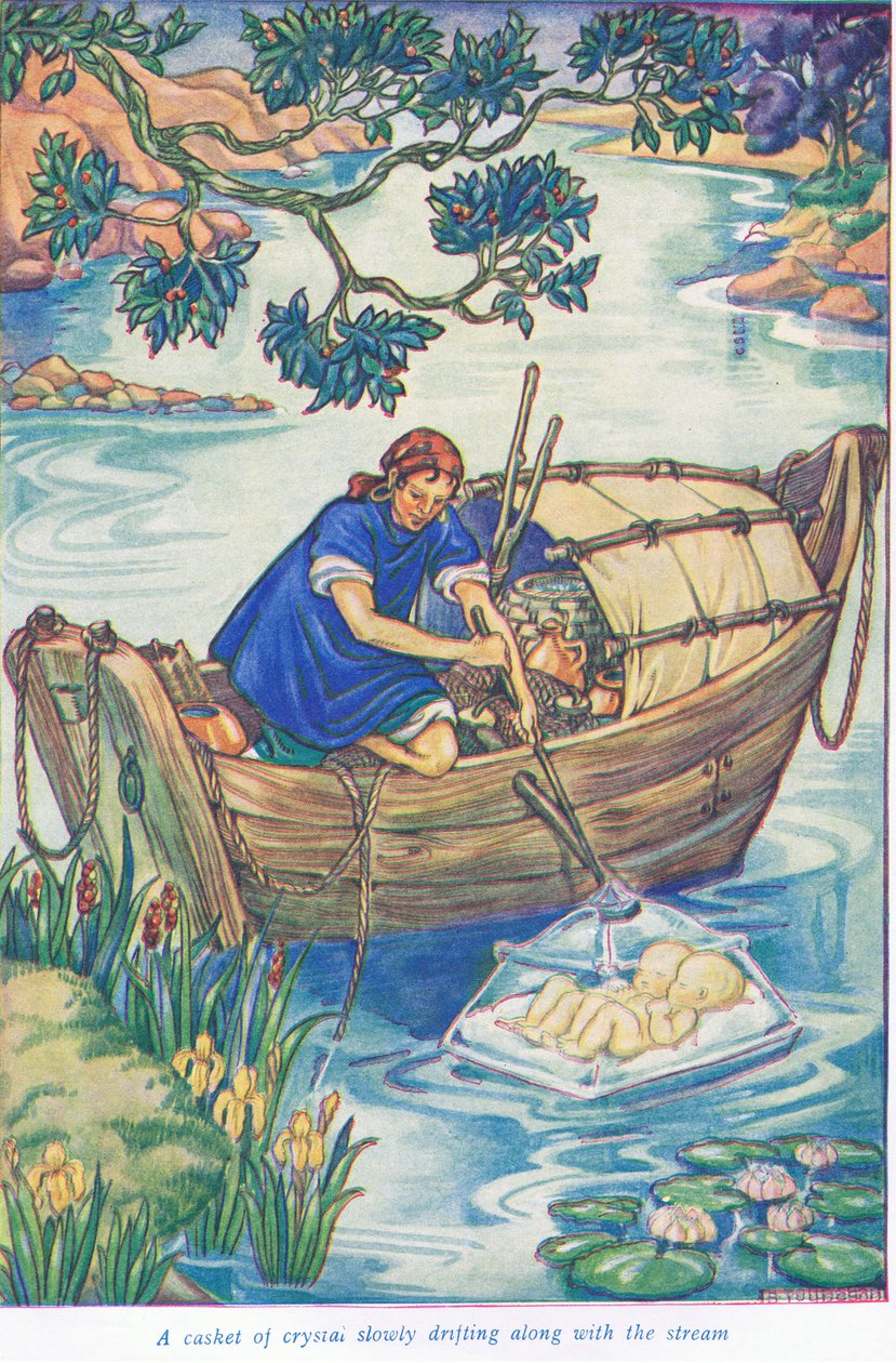 Uno scrigno di cristallo che galleggia lungo il torrente (litografia a colori) da Thomas Heath Robinson