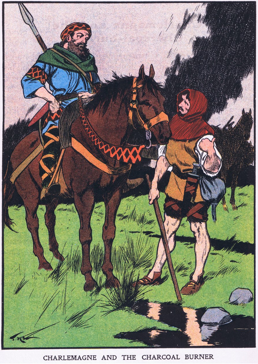 Carlo Magno e il carbonaio (litografia a colori) da Thomas Heath Robinson