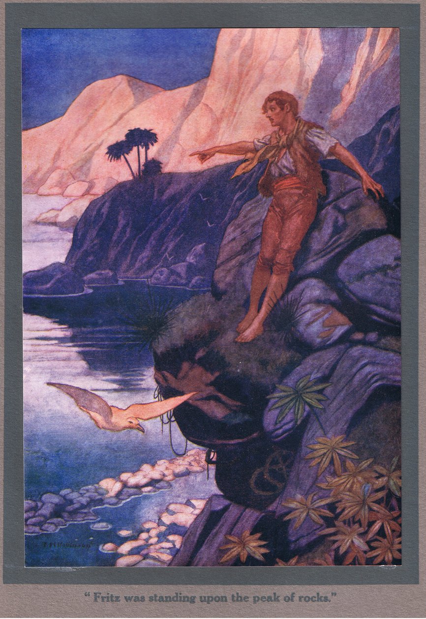 Fritz era in piedi sulla cima delle rocce (litografia a colori) da Thomas Heath Robinson
