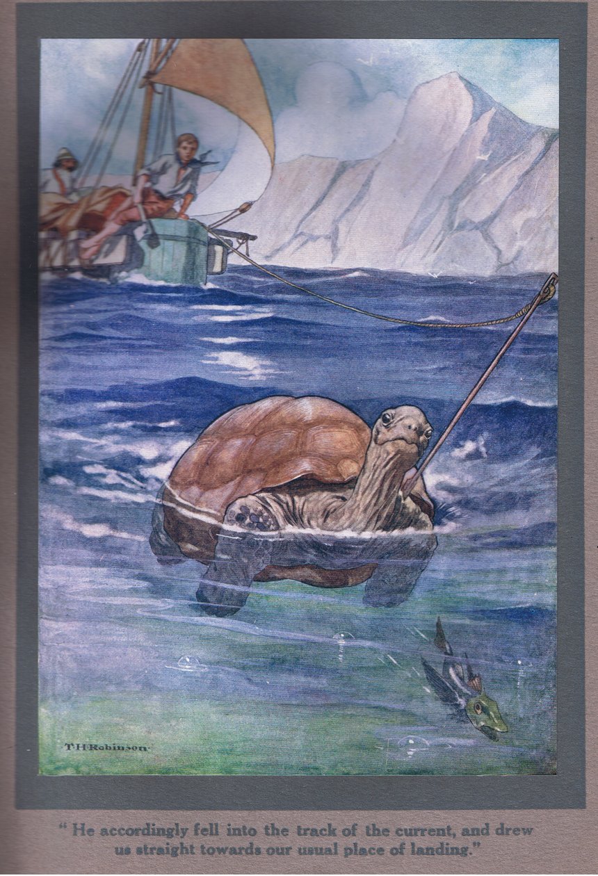 Di conseguenza, si mise sulle tracce del curtino e ci portò dritti verso il nostro abituale punto di approdo (litografia a colori). da Thomas Heath Robinson