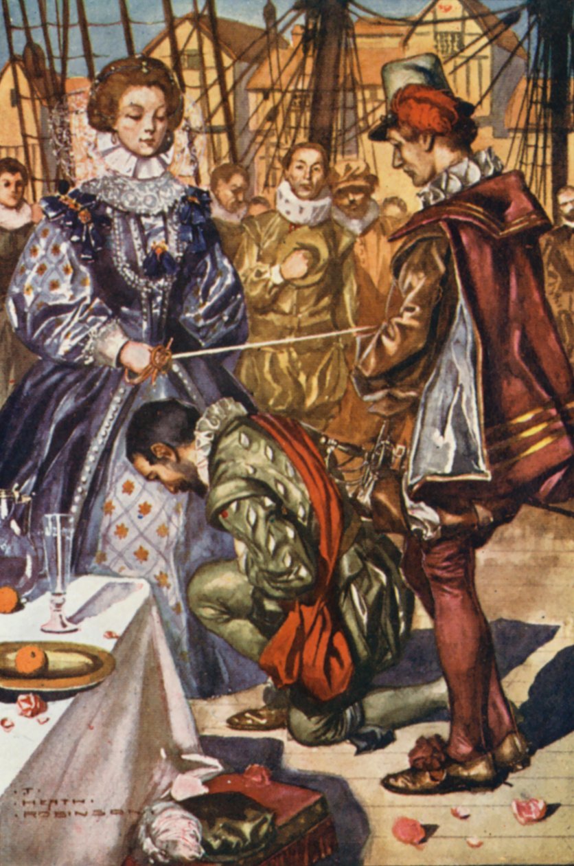 Illustrazione della vita di Sir Francis Drake (litografia a colori) da Thomas Heath Robinson