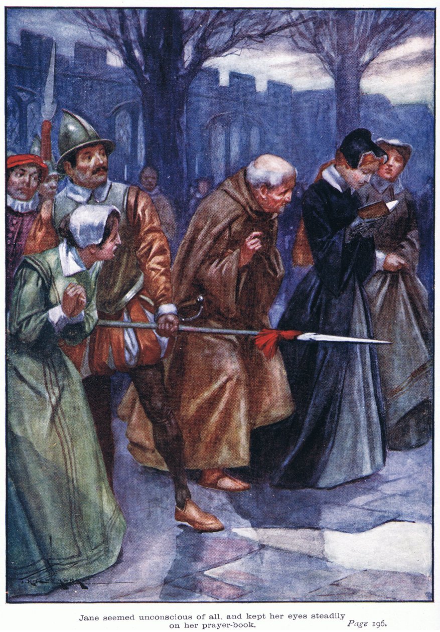 Jane sembrava inconsapevole di tutto e teneva gli occhi fissi sul suo libro di preghiere (litografia a colori). da Thomas Heath Robinson