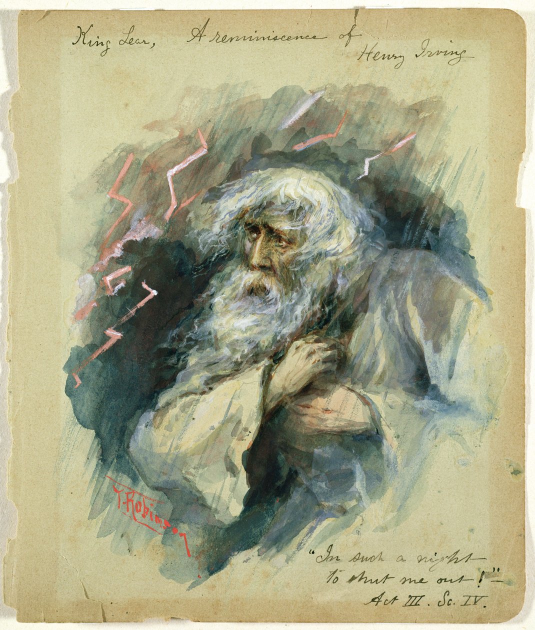 Re Lear, una reminiscenza di Henry Irving: "In such a night To shut me out!", Act III, Scene 4 (watercolor) 34:King Lear (Act III, Scene 4): "In such a night To shut me out!", una reminiscenza di Henry Irving (acquerello) da Thomas Heath Robinson