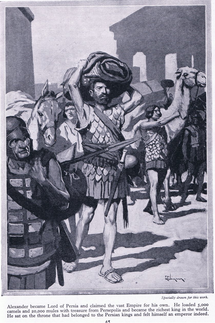 Saccheggiare una città di tesori: Alessandro diventa signore della Persia. Carica tutti i tesori di Persepoli per diventare ricchissimo, 1950 circa (litografia) da Thomas Heath Robinson