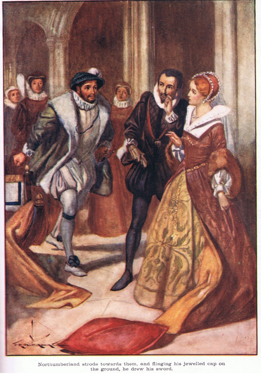 Northumberland si diresse verso di loro e, gettando a terra il suo cappello gioiello, estrasse la spada (litografia a colori). da Thomas Heath Robinson