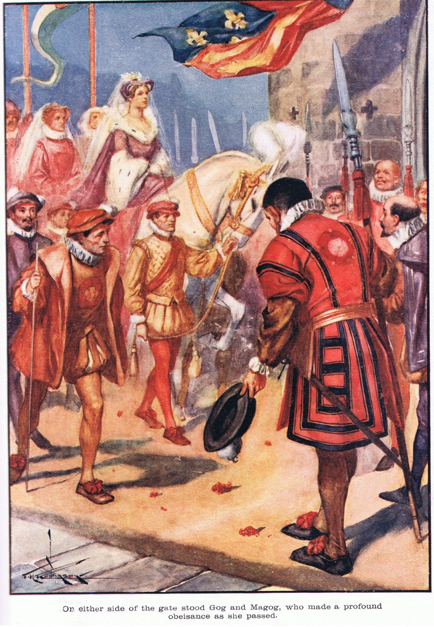 Ai lati della porta Gog e Magog, che fanno una profonda obbedienza al suo passaggio (litografia a colori) da Thomas Heath Robinson