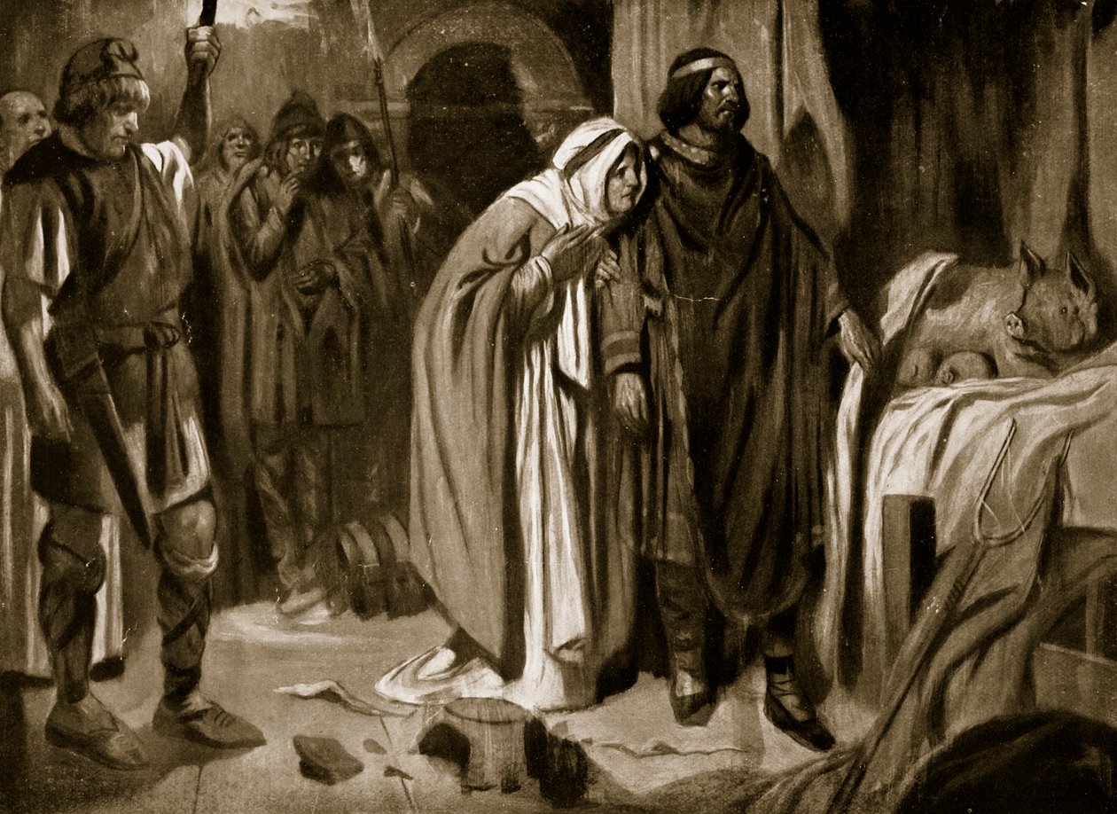 La regina Ethelburga che convince Ine di Wessex a rinunciare alla corona, 728, illustrazione da "Hutchinson