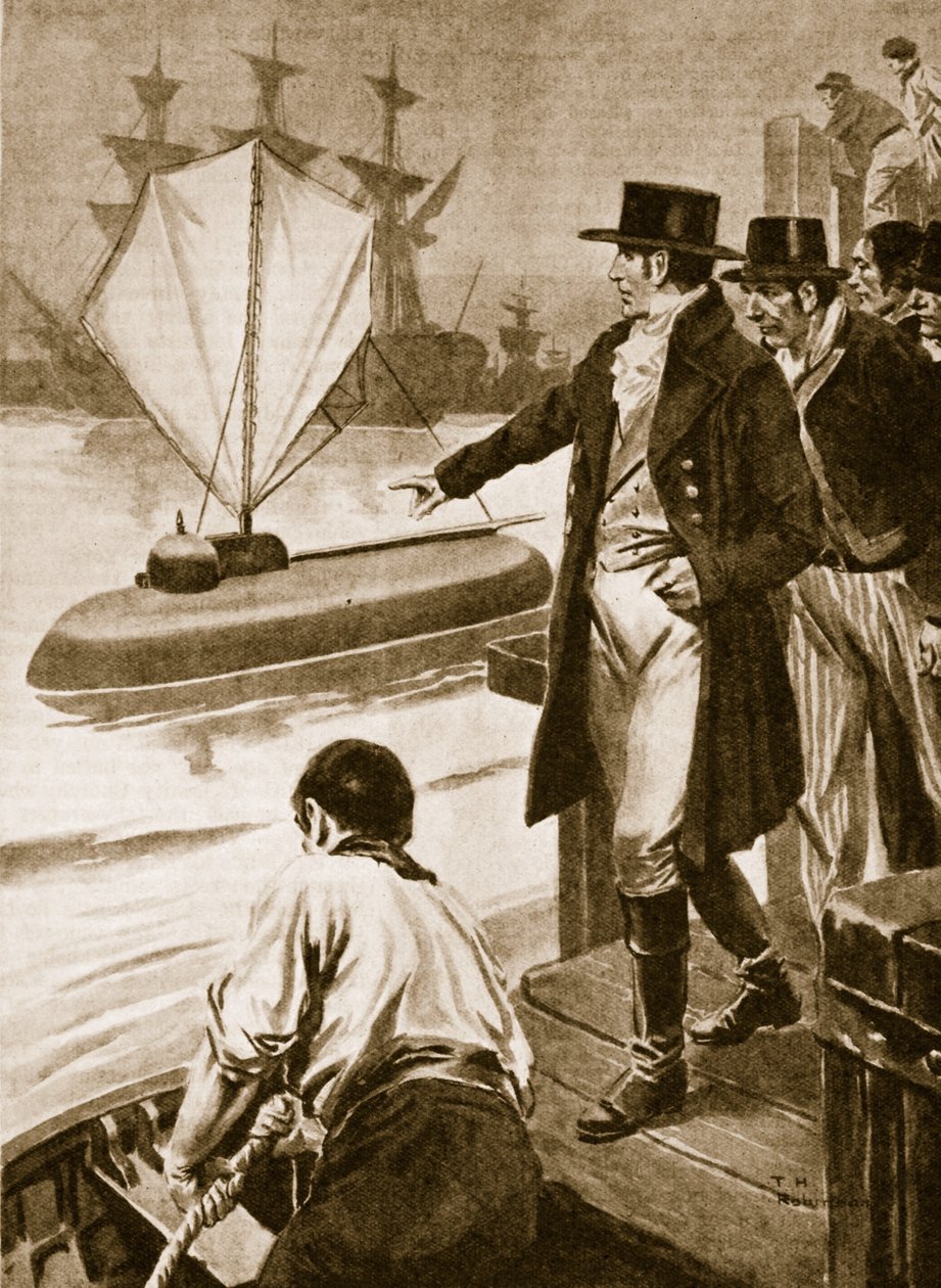 Robert Fulton in Francia mentre mostra il suo sottomarino "Nautilus" in funzione (litografia) da Thomas Heath Robinson