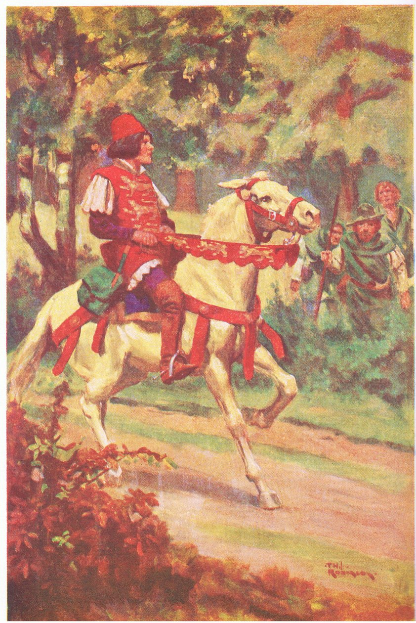 Robin e il suo compagno videro il maestro Patrington cavalcare verso di loro (litografia a colori) da Thomas Heath Robinson