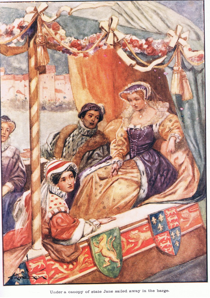 Sotto un baldacchino di Stato, Jane salpa sulla chiatta (litografia a colori) da Thomas Heath Robinson
