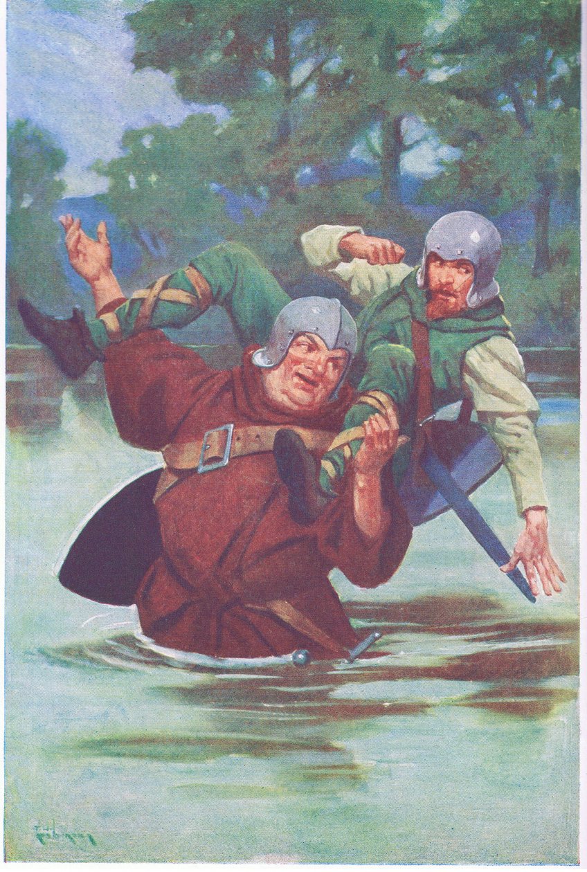 Con un colpo di mano mandò il fuorilegge a precipitare nel torrente (litografia a colori) da Thomas Heath Robinson
