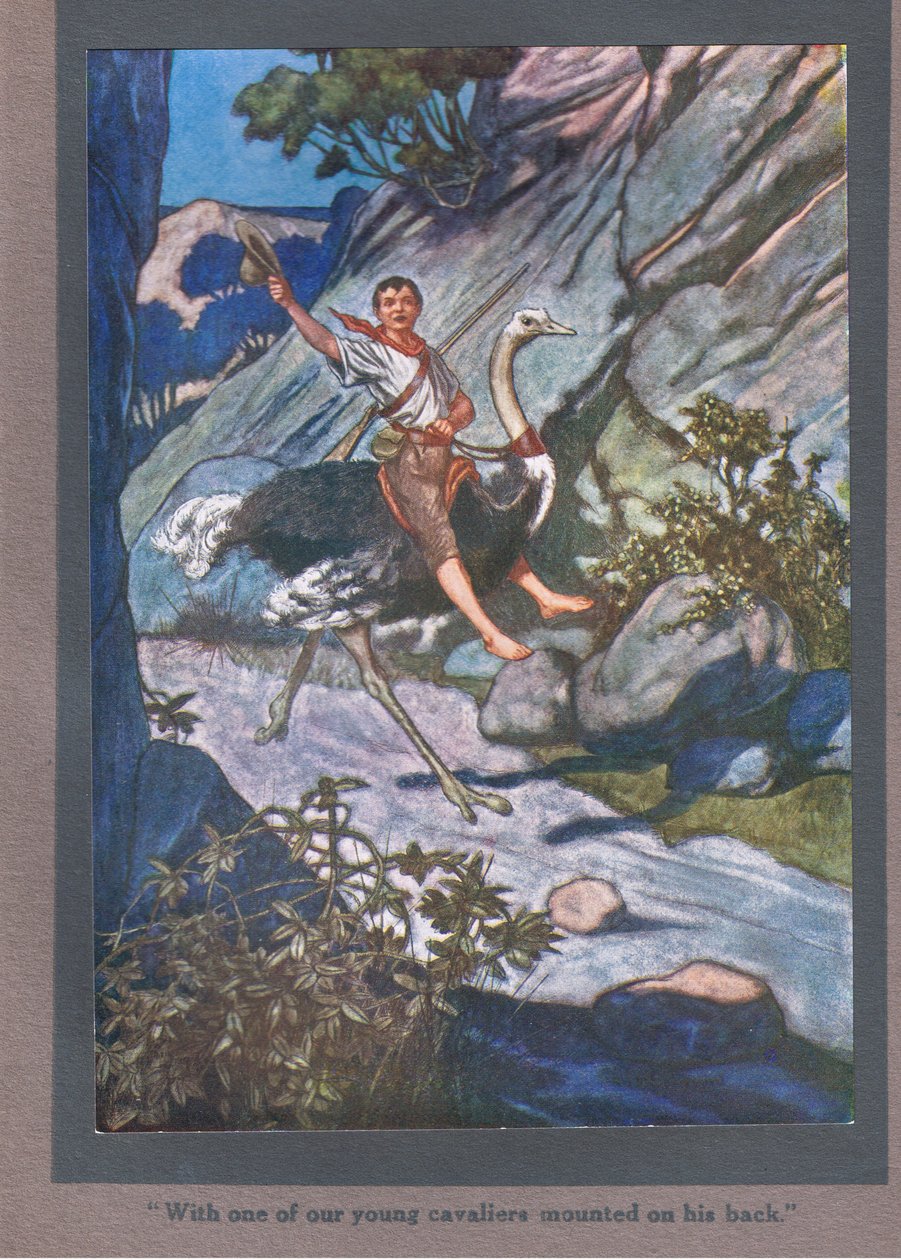 Con uno dei nostri giovani cavalieri montato sulla schiena (litografia a colori) da Thomas Heath Robinson