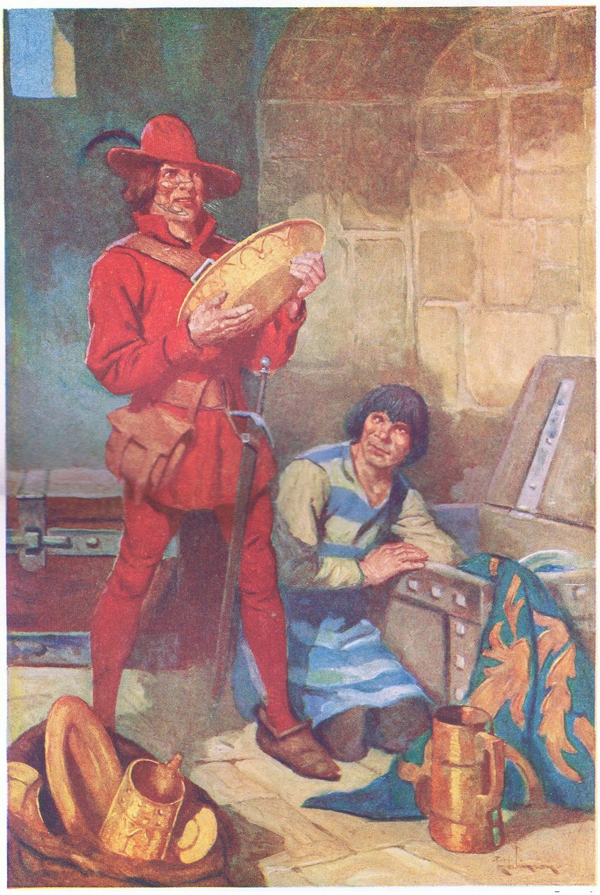 Senza perdere tempo, i due hanno rigato il deposito di lastre degli sceriffi (litografia a colori). da Thomas Heath Robinson