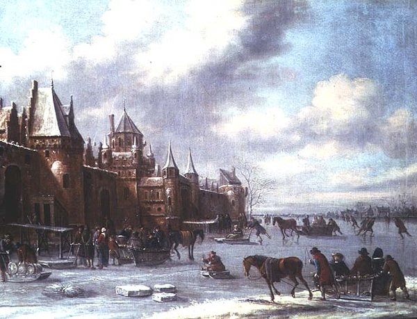 Scena di estuario olandese con figure che pattinano e un castello sullo sfondo da Thomas Heeremans