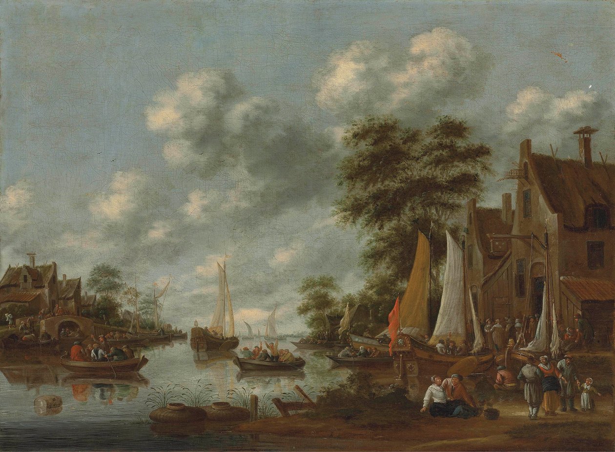 Paesaggio fluviale con traghetti e altre imbarcazioni, figure che sbarcano presso una locanda da Thomas Heeremans