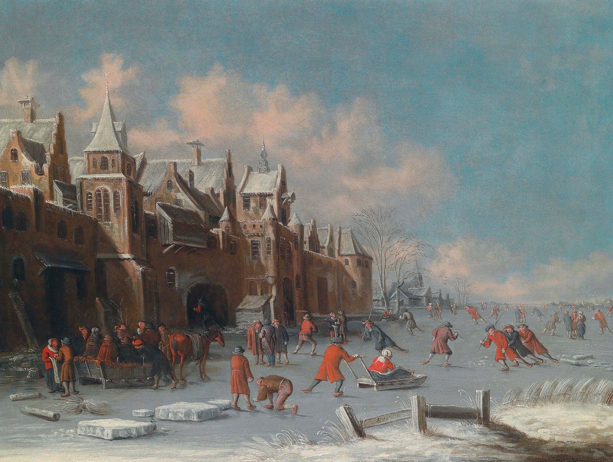 Pattinatori sul ghiaccio davanti alle porte di una città olandese da Thomas Heeremans