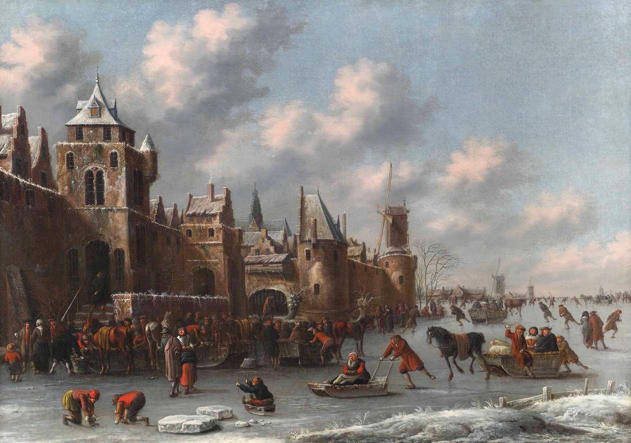 Paesaggio invernale con figure che pattinano e slittano su un fossato ghiacciato presso una città fortificata da Thomas Heeremans