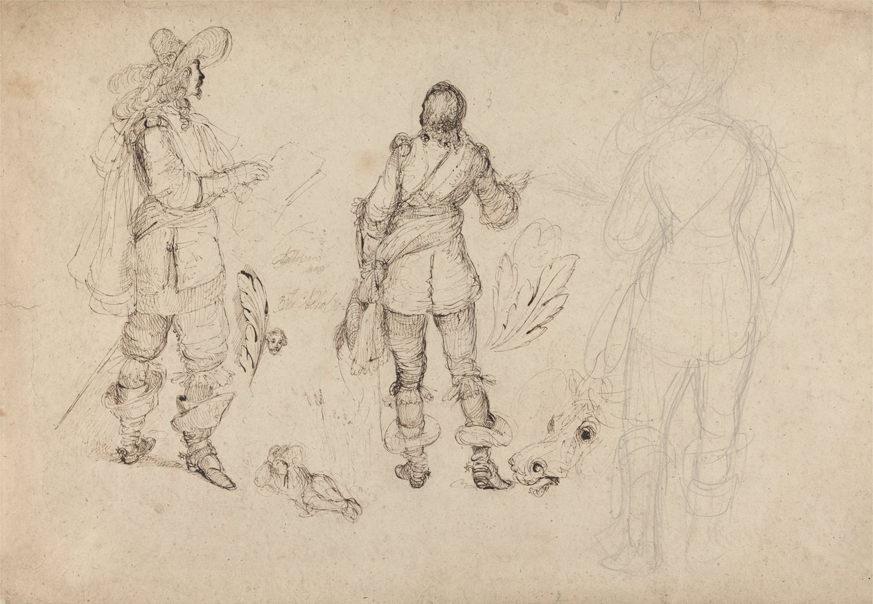 Pagina di Schizzi di Cavalieri, Testa di Cavallo e Piume da Thomas Henry Nicholson