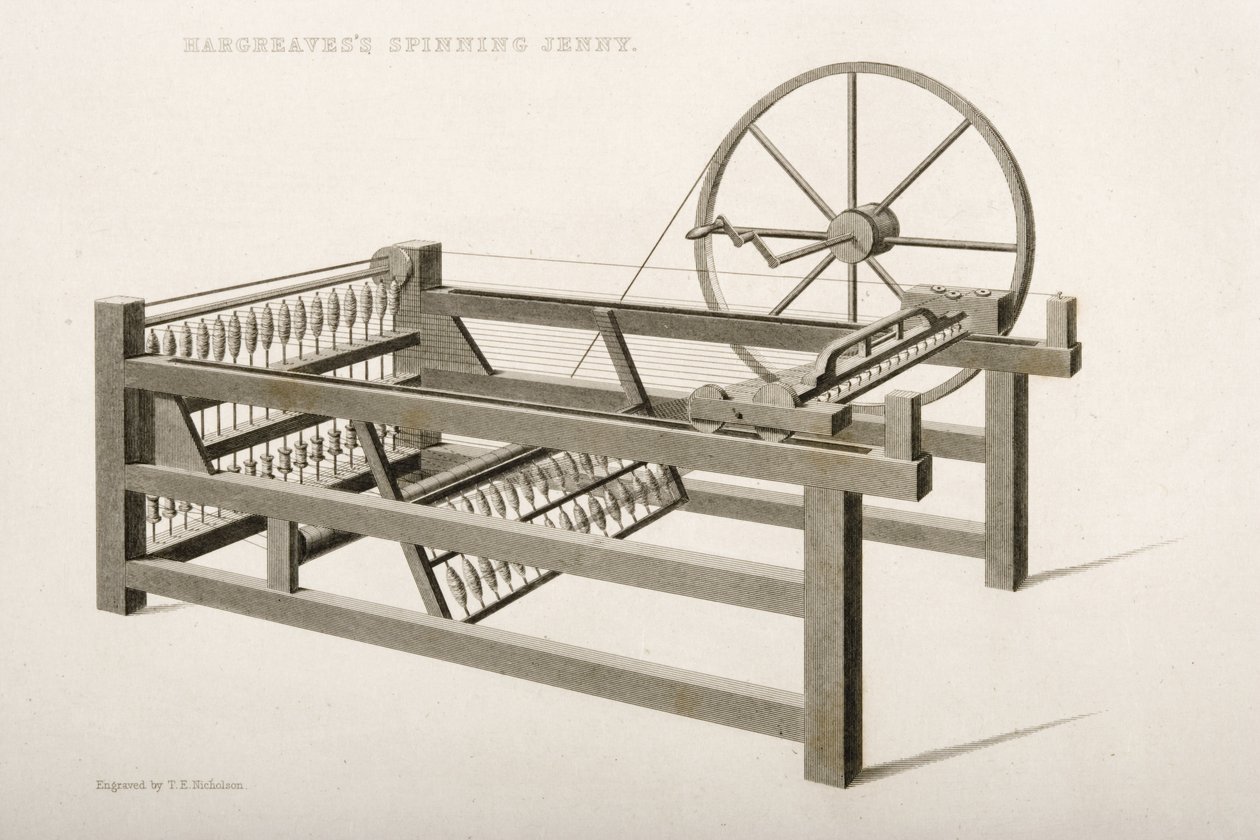 La Spinning Jenny, inventata da James Hargreaves nel 1764 da Thomas Henry Nicholson