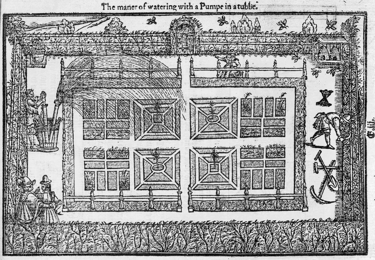Il modo di annaffiare con una pompa in una vasca, da The Gardeners Labyrinth, 1577 da Thomas Hill