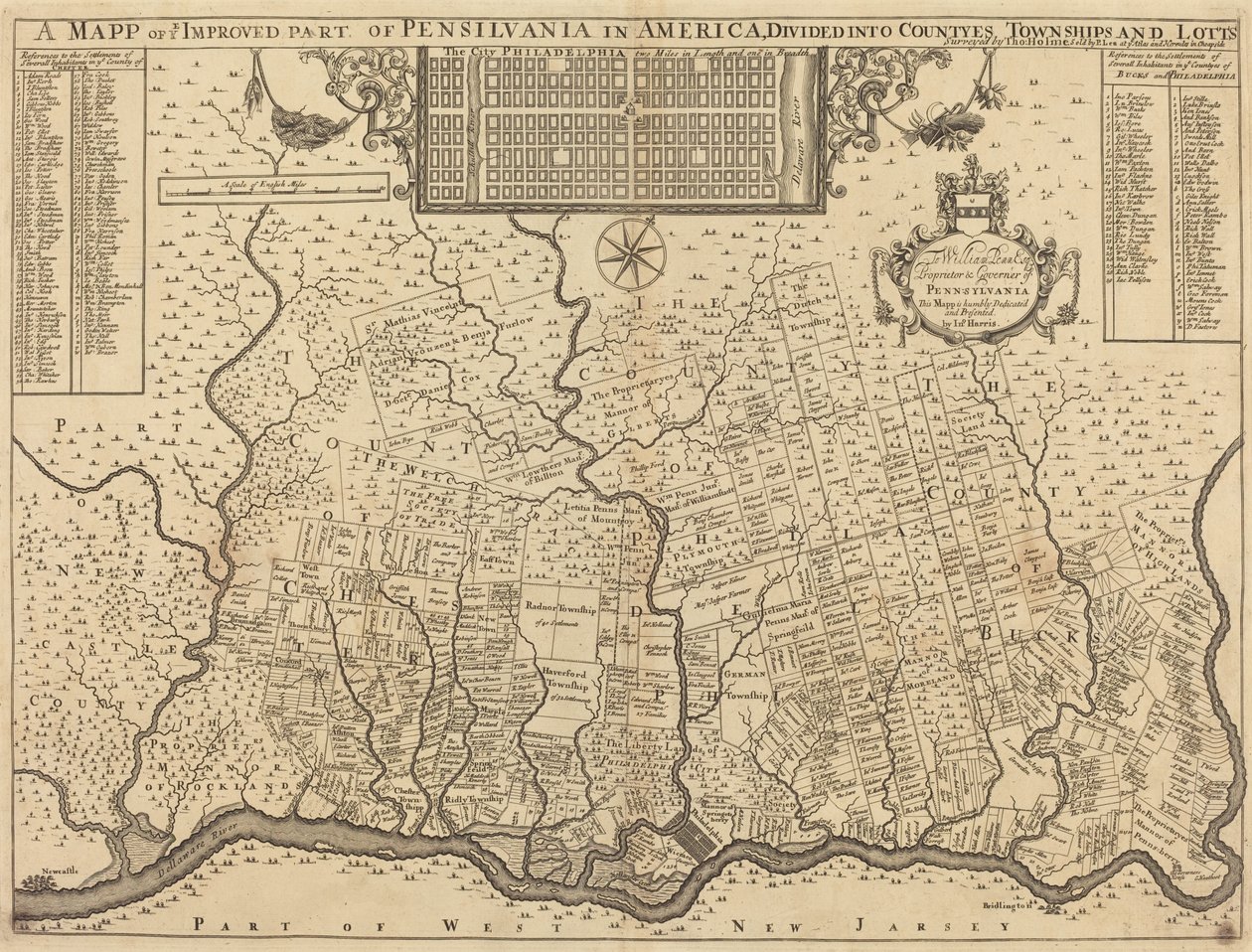 Mappa della parte migliorata della Pennsylvania in America, divisa in contee, comuni e lotti da Thomas Holme