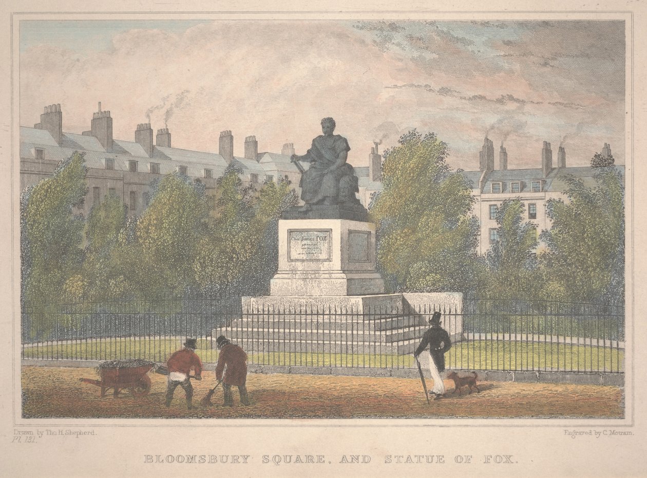 Bloomsbury Square con statua di Fox, inciso da Charles Mottram (1806-76) da Thomas Hosmer Shepherd