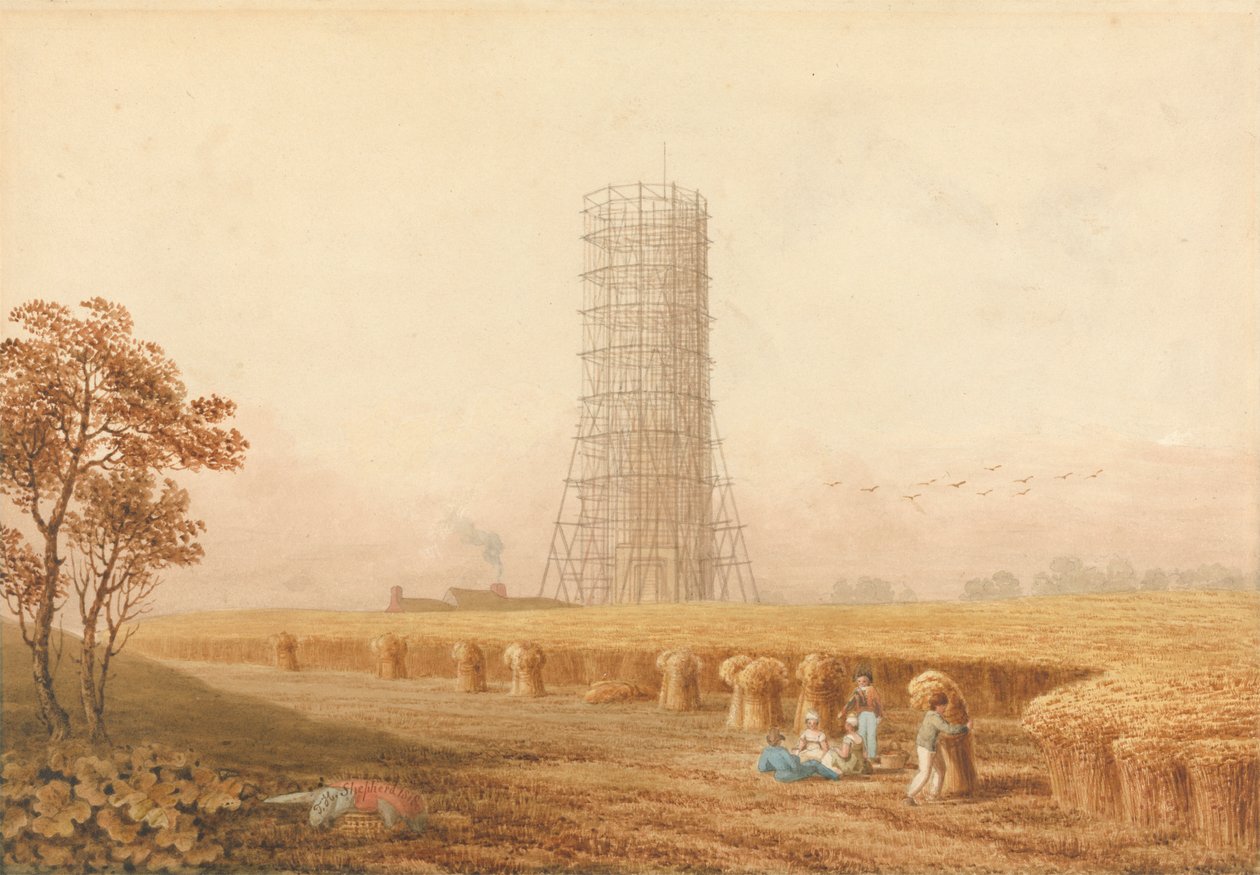 Colonna di Bonaparte in Impalcatura a Boulogne, Francia, con Mietitori in un Campo da Thomas Hosmer Shepherd