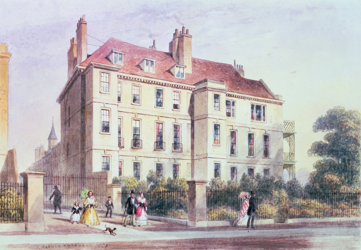 Ingresso a Queen Square dal parco, con vista sulla casa di Jeremy Bentham da Thomas Hosmer Shepherd