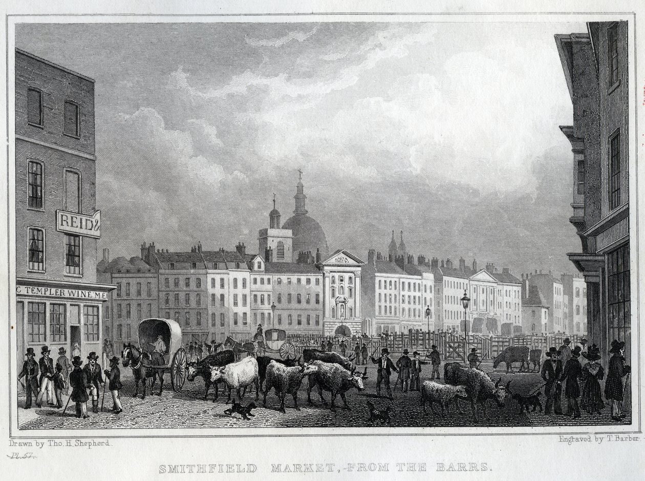 Mercato di Smithfield dai Barrs, inciso da Thomas Barber, c.1830 da Thomas Hosmer Shepherd