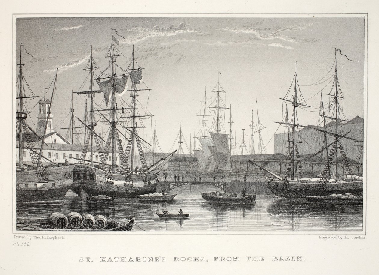St Katherine Docks, dal bacino, Torre, da Londra e i suoi dintorni nel diciannovesimo secolo pub. Jones e Co., 1827-1829 da Thomas Hosmer Shepherd
