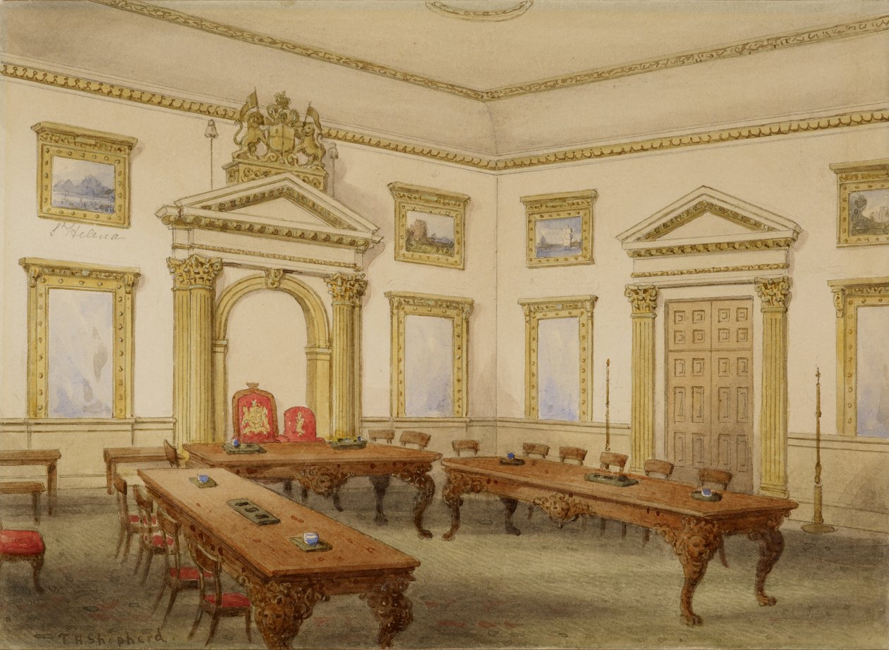 La sala del tribunale dei direttori, East India House, Leadenhall Street, Londra, 1820 circa (acquerello su carta) da Thomas Hosmer Shepherd