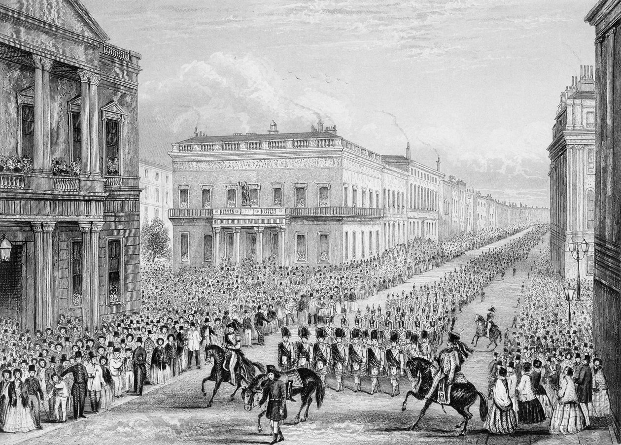 Processione funebre di Wellington che passa davanti al Senior United Service Club, Pall Mall, Londra, 1852 da Thomas Hosmer Shepherd