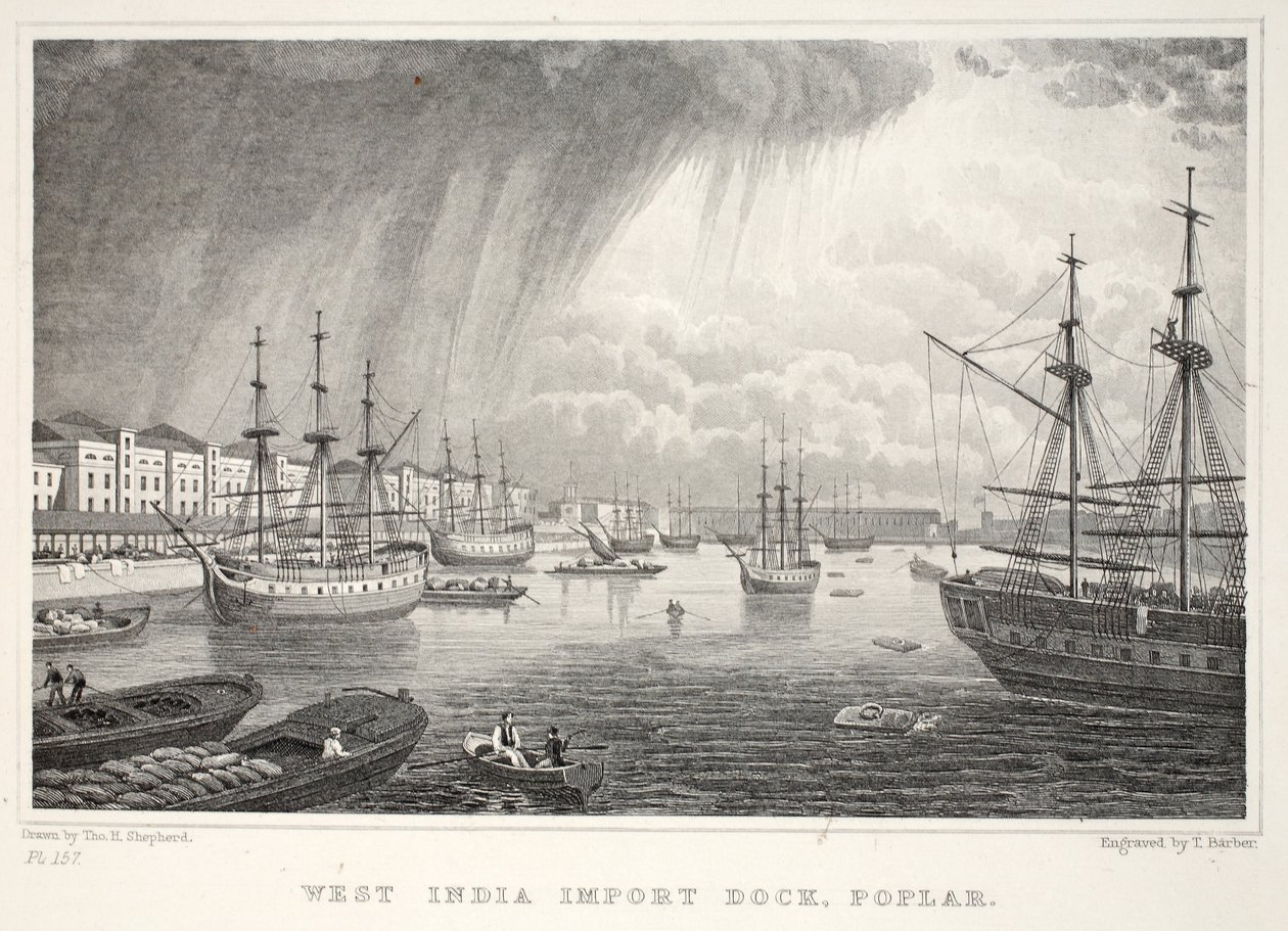 West India Docks, Isle of Dogs, da Londra e i suoi dintorni nel XIX secolo pub. Jones e Co., 1827-1829 da Thomas Hosmer Shepherd