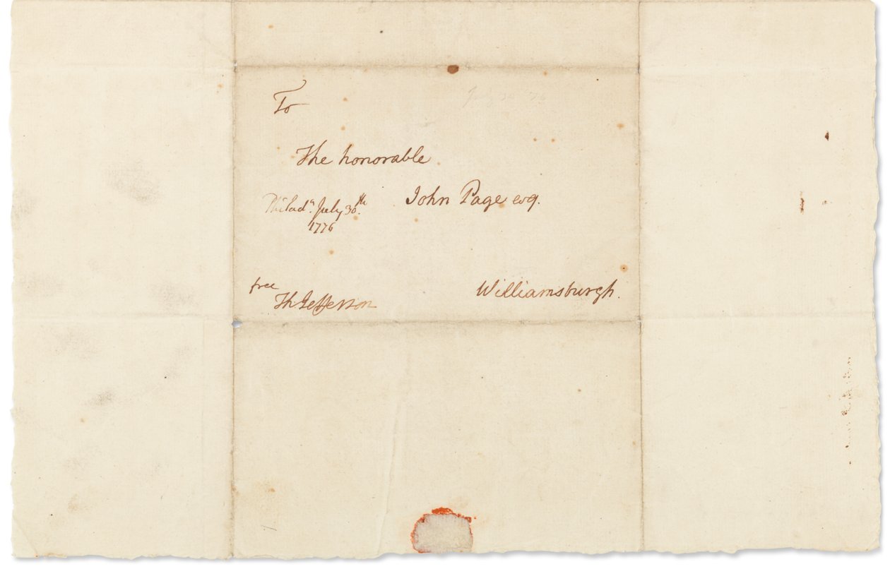 Lettera autografa a John Page, Filadelfia, 30 luglio 1776 da Thomas Jefferson