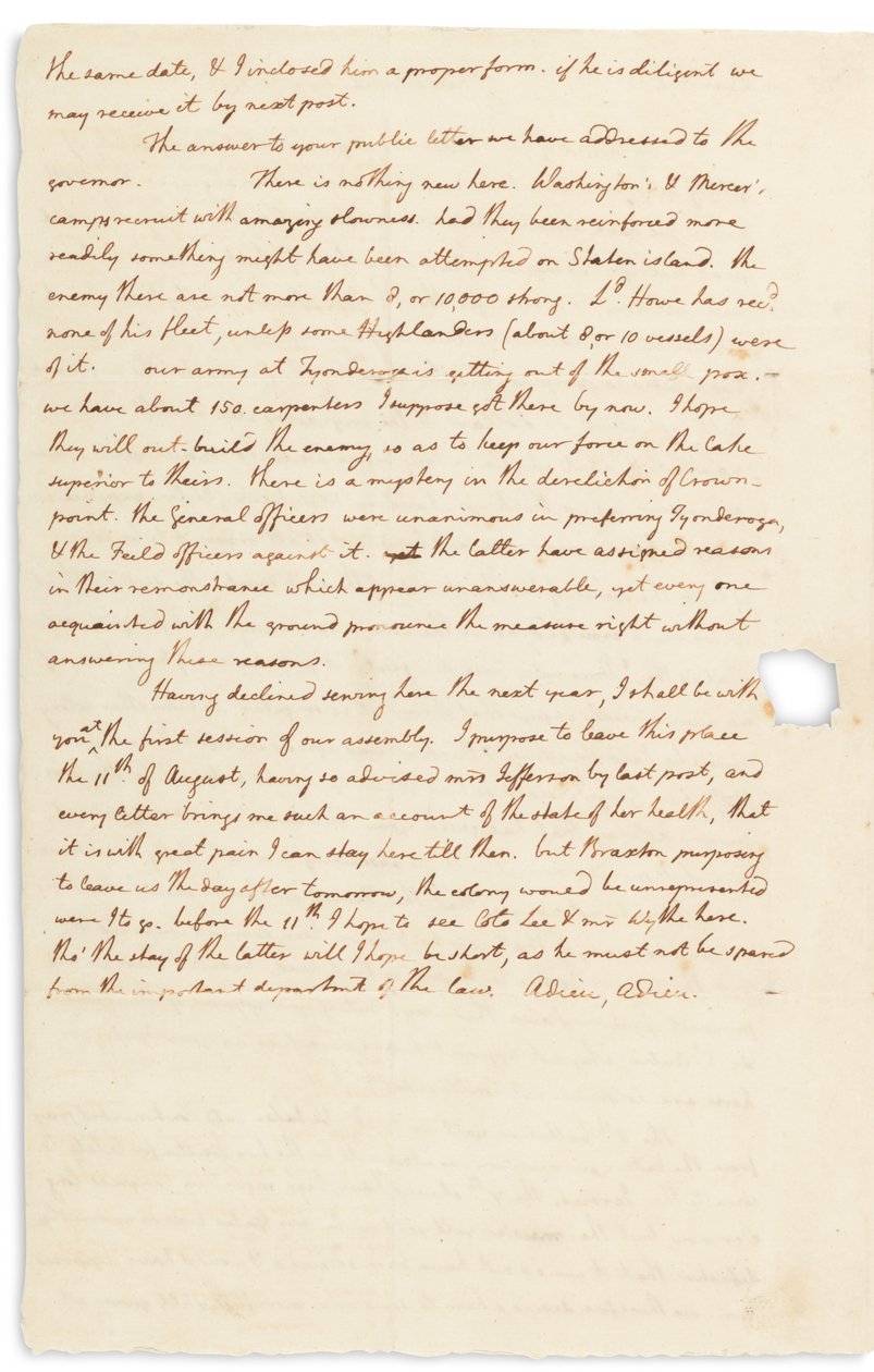 Lettera autografa a John Page, Filadelfia, 30 luglio 1776 da Thomas Jefferson