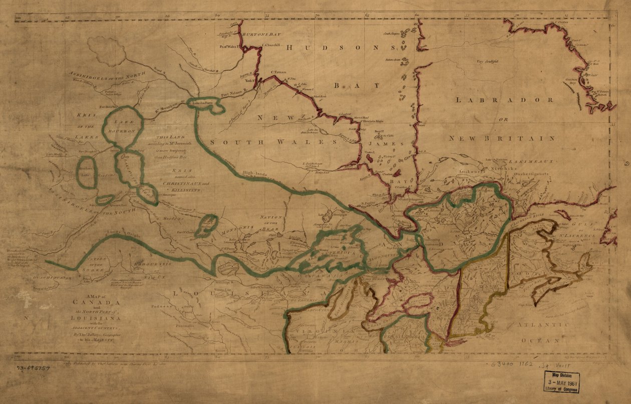Mappa del Canada e della parte settentrionale della Louisiana con i paesi adiacenti. LOC 73695757 da Thomas Jefferys
