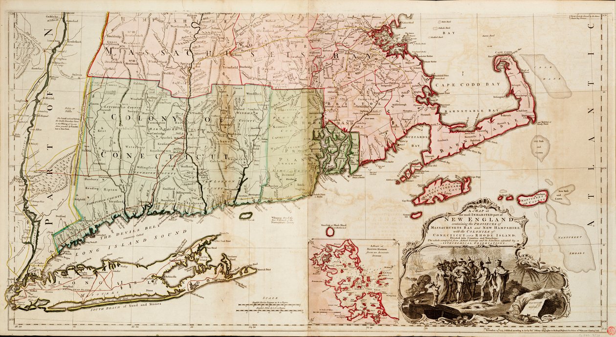 Mappa della parte più abitata del New England, contenente le province della Baia del Massachusetts e del New Hampshire con le colonie del Connecticut e del Rhode Island da Thomas Jefferys