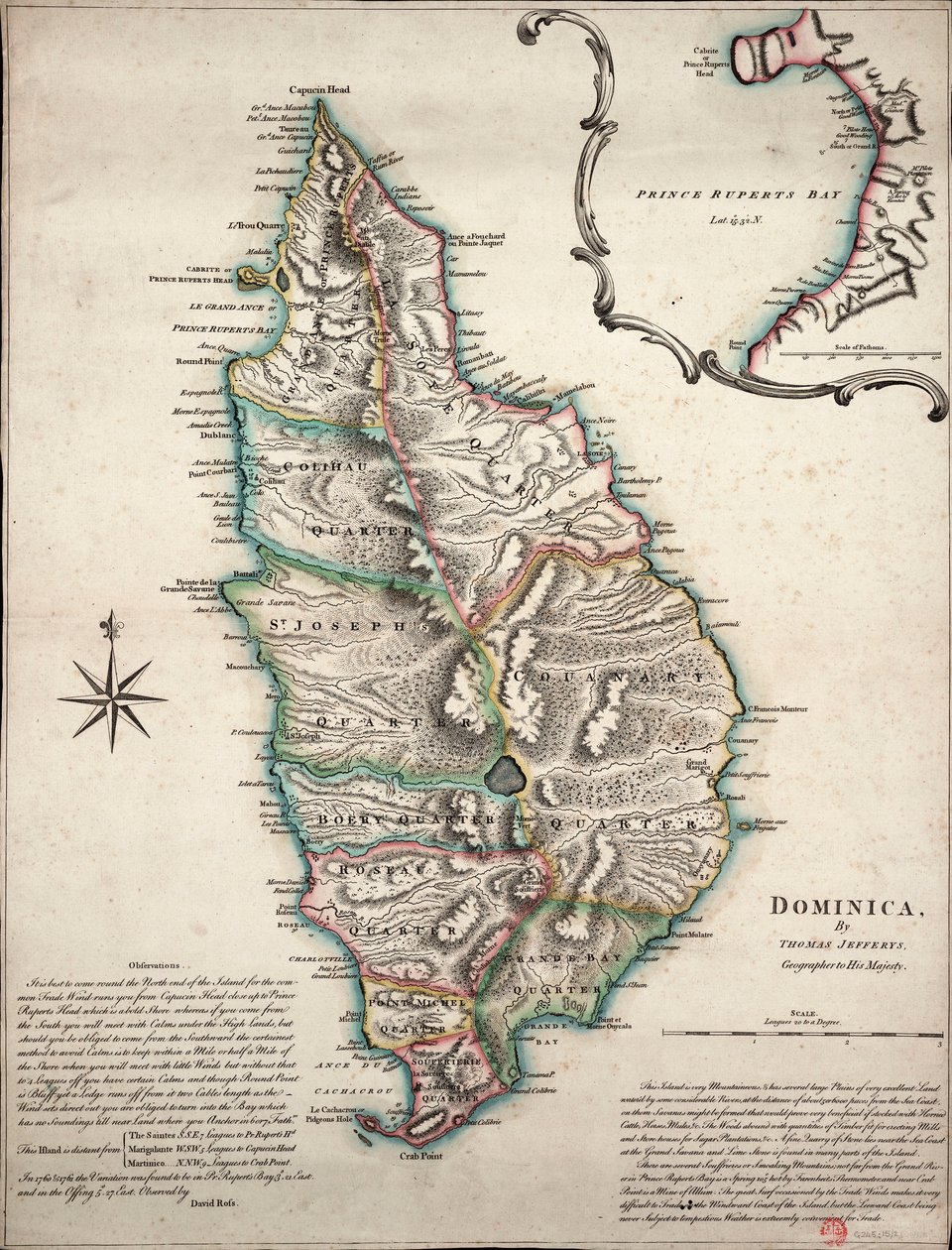 Farbkarte von Dominica mit detaillierten geografischen Beobachtungen, ca. 1760 von Thomas Jefferys