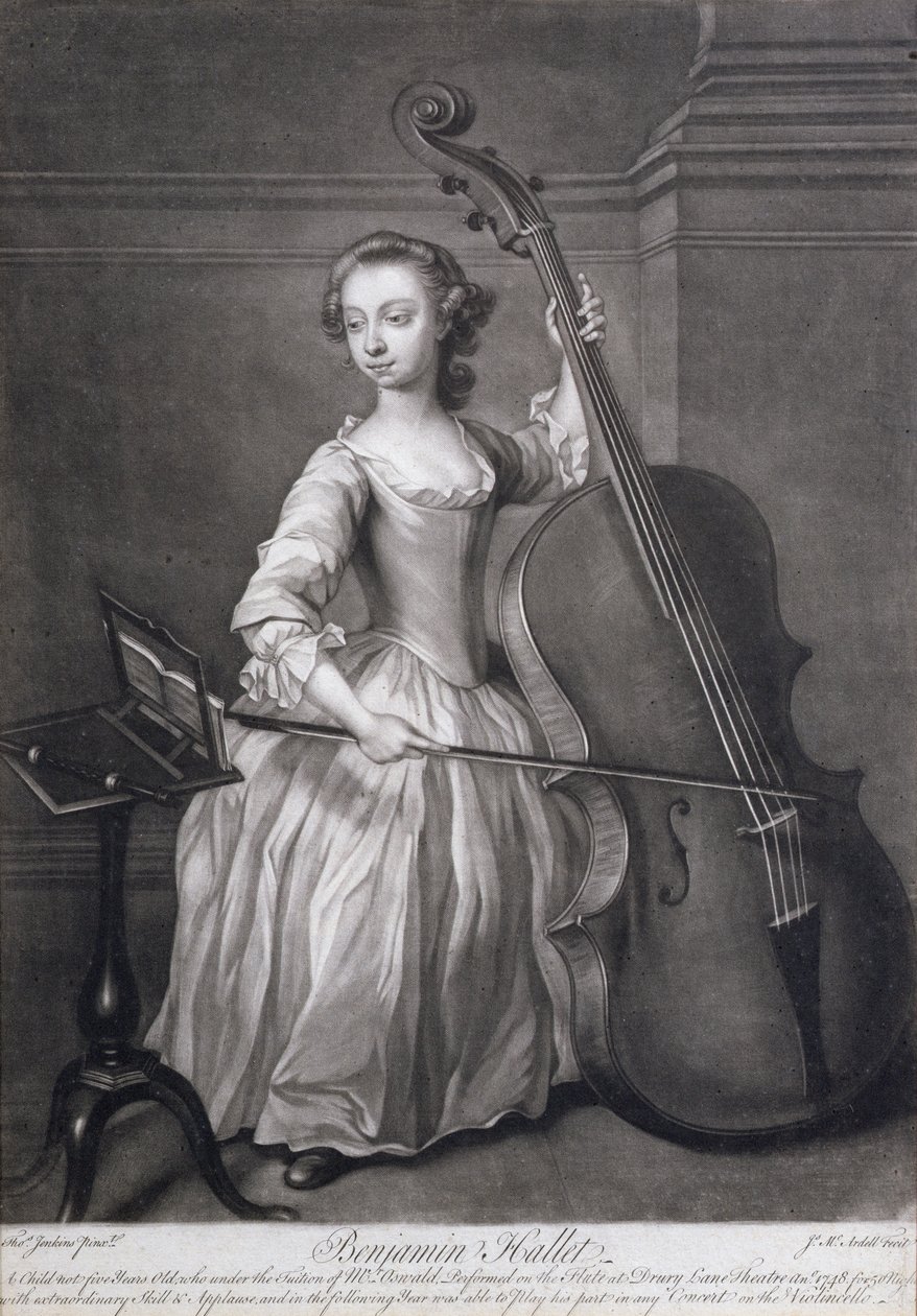 Ritratto di Benjamin Hallet che suona il violoncello, inciso da James McArdell, c.1749 da Thomas Jenkins