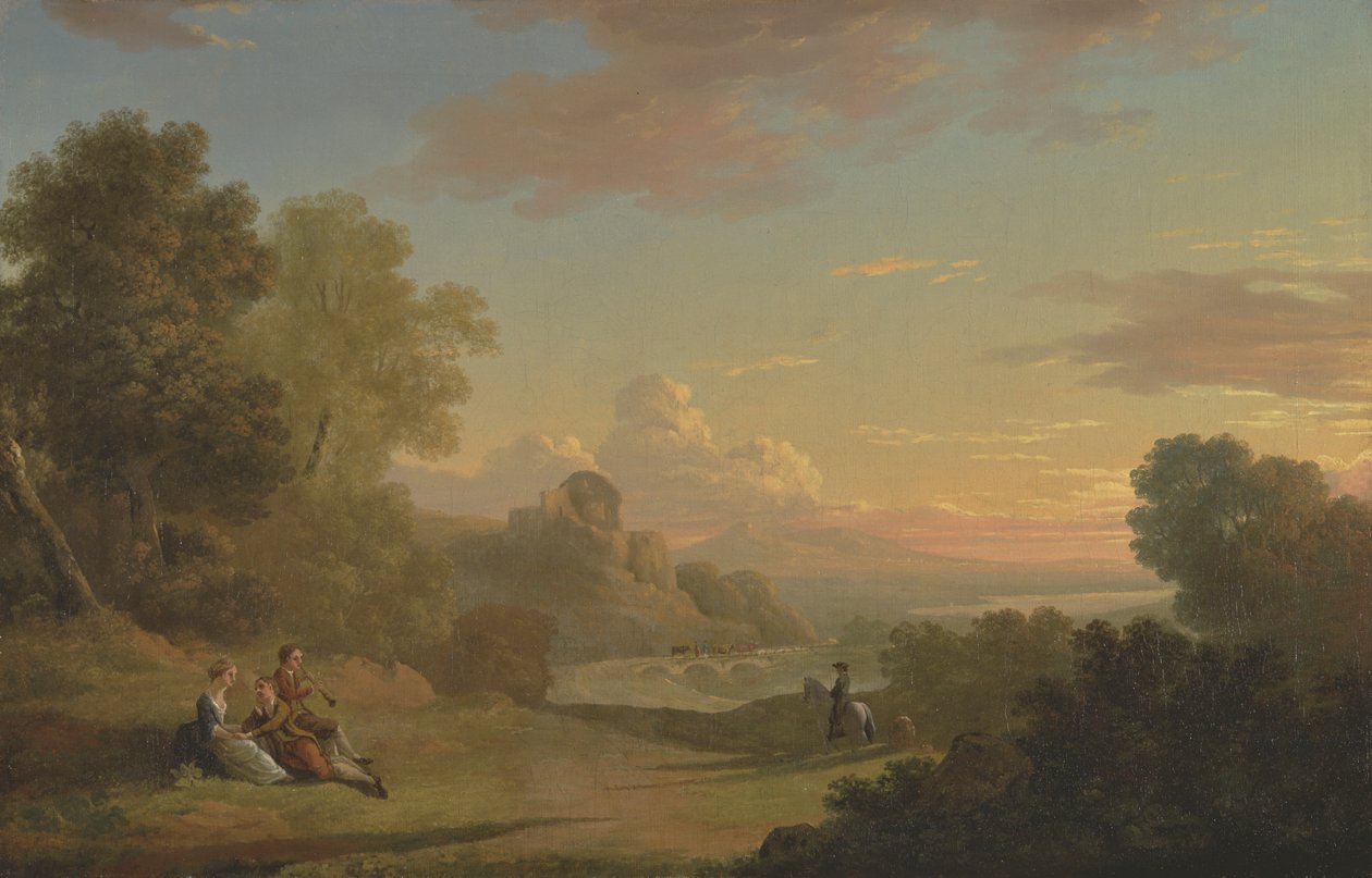 Paesaggio immaginario con un viaggiatore e figure che guardano la baia di Baia da Thomas Jones